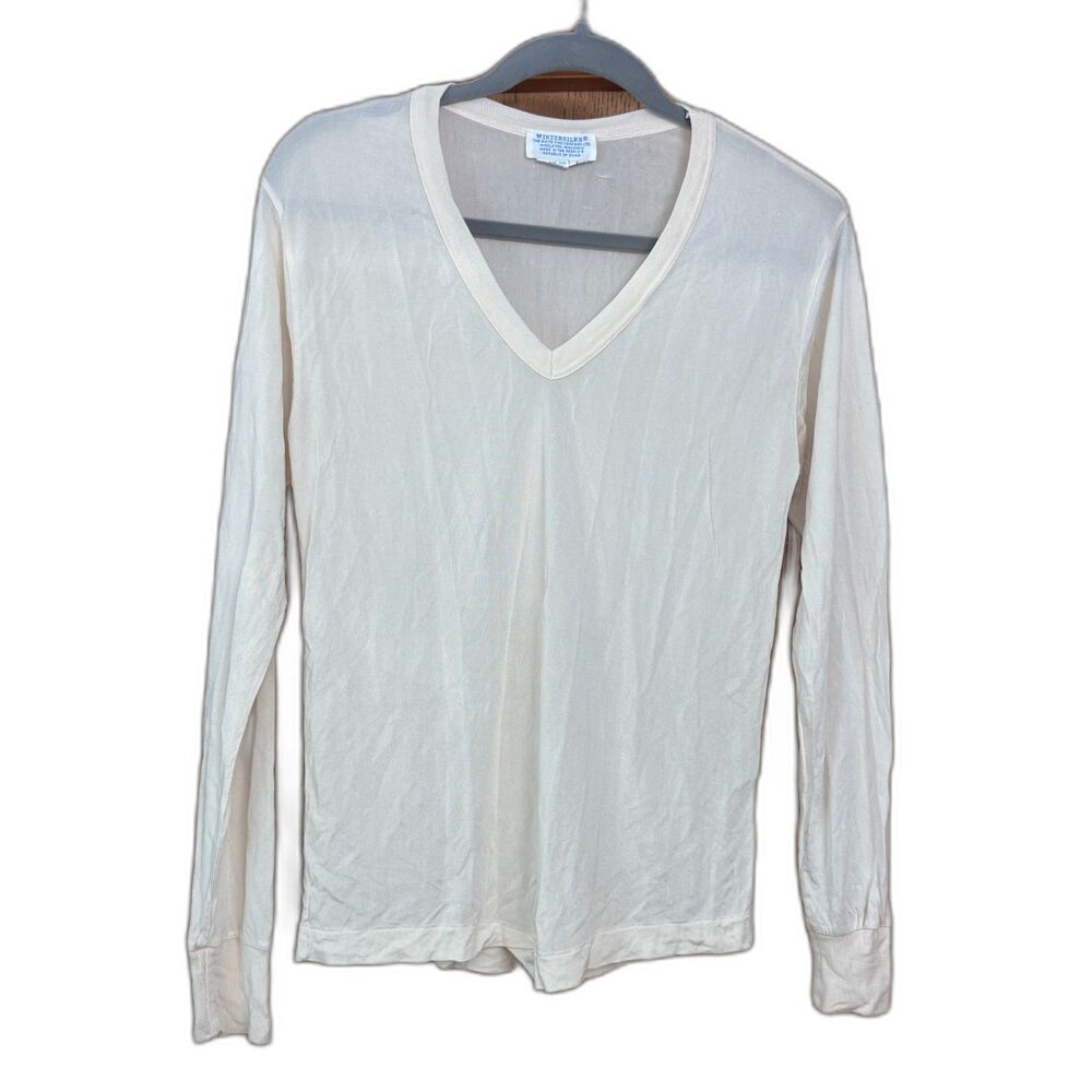 VTG 90s WinterSilks 100% Pure Silk Knit V-Neck Top - Cream Ivory - Size